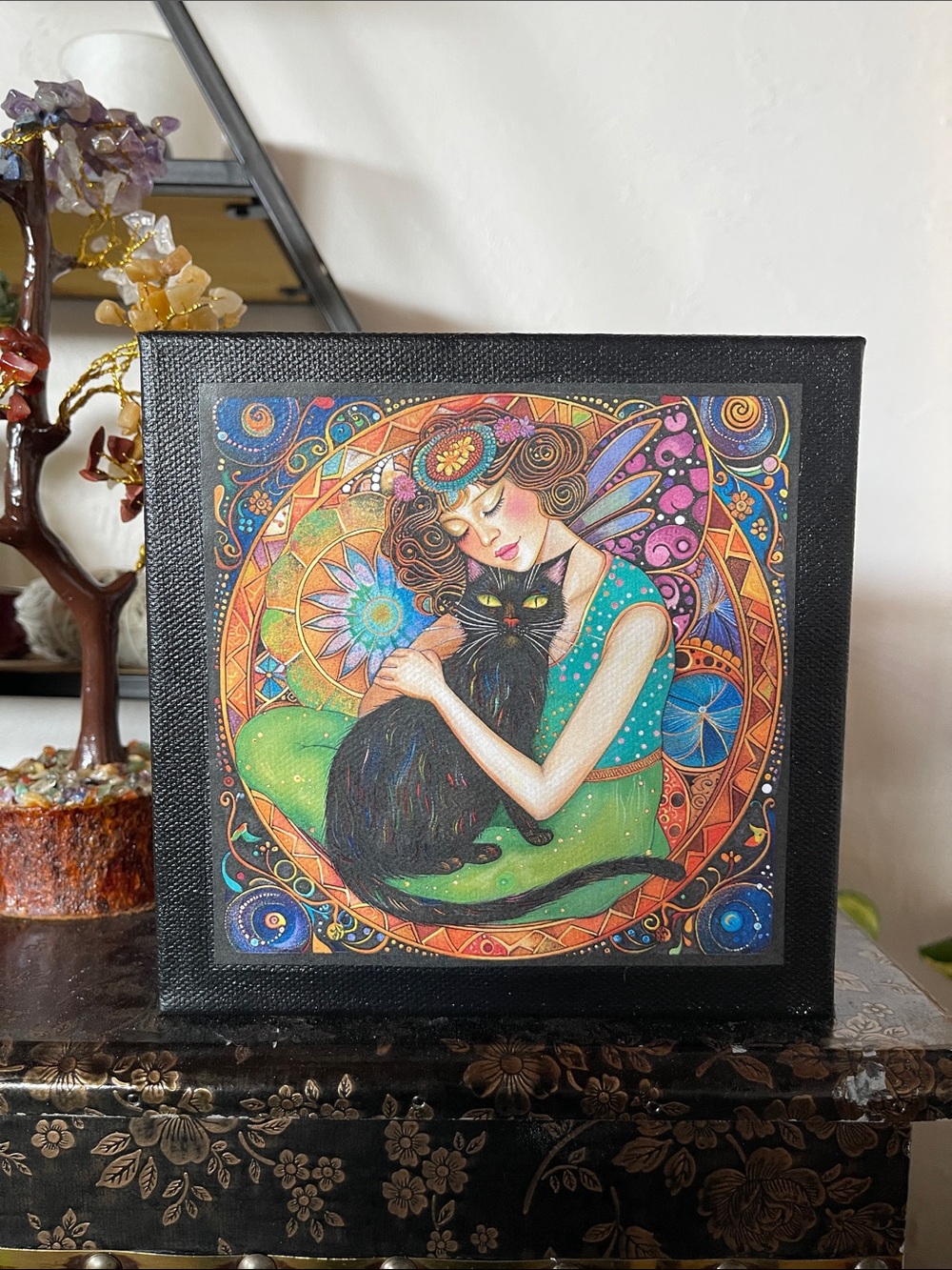 Whimsical Girl with Black Cat Wall Art - Multicolor